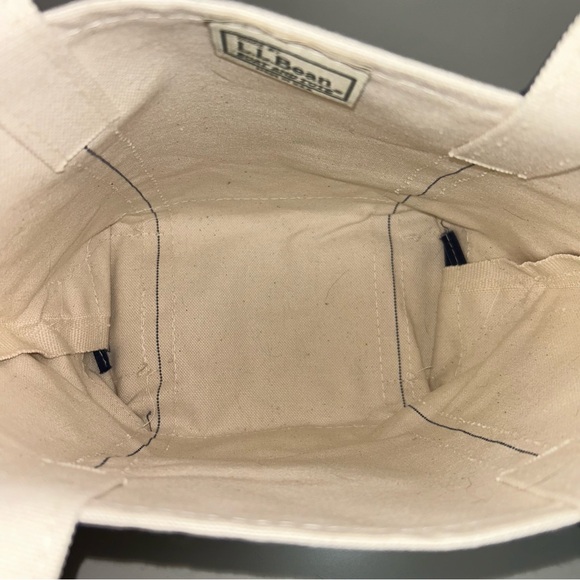 L.L. Bean Boat and Tote Beige Navy Blue Canvas Small Bag Stiff Handles - Picture 5 of 14